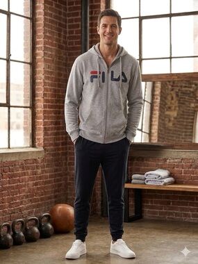 Fila Men's Light Gray Zip-Up Hoodie with Red & Navy Logo